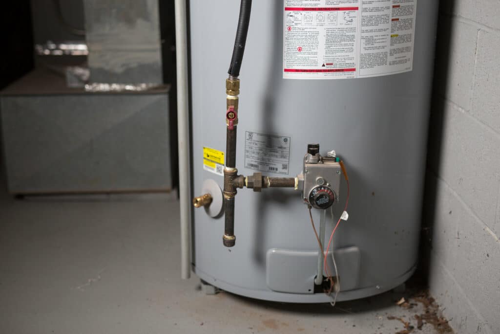 Installed water heater in service in a homeowner's basement.
