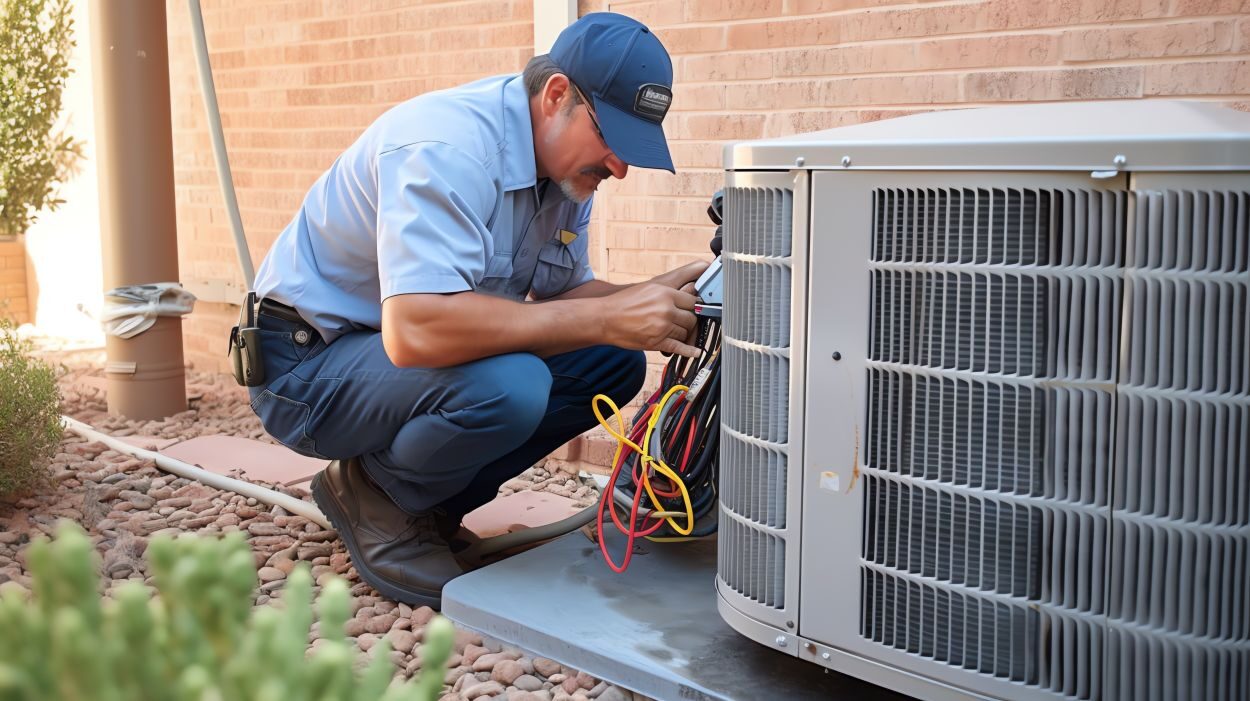 HVAC Worker Performing Heat Pump Maintenance. background, illustration for product presentation template, copy space.